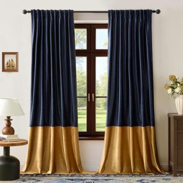 Imagem de BULBUL Cortinas de veludo 213 cm de comprimento para sala de estar azul marinho dourado, 2 painéis, cortinas blackout modernas com bloco de cores, bolso traseiro para varão, cortinas à prova de som