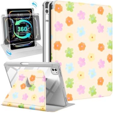 Imagem de Uppuppy Capa inteligente para iPad Pro M4 de 11 polegadas - suporte giratório de 360 graus com suporte para lápis para mulheres e meninas, capa com flores coloridas para iPad Pro de 11 polegadas 2024
