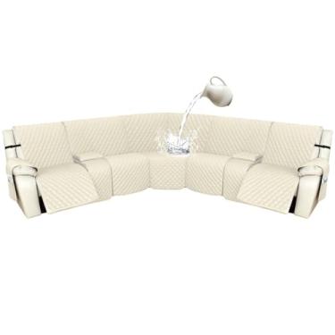 Imagem de Arfntevss Capas para sofá reclináveis 1OO% à prova d'água, em forma de L, capa de sofá reclinável em forma de L, protetor de canto lavável para cães (5 lugares com 2 consolas, bege)