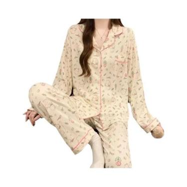 Imagem de Conjunto De Pijamas Femininos Em Tecido Amassado Com Cardigan De Manga