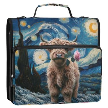 Imagem de Starry Night Highland Cow 3 argolas para fichários resistentes com zíper com alça para portfólio escolar e suporte de pasta de anel