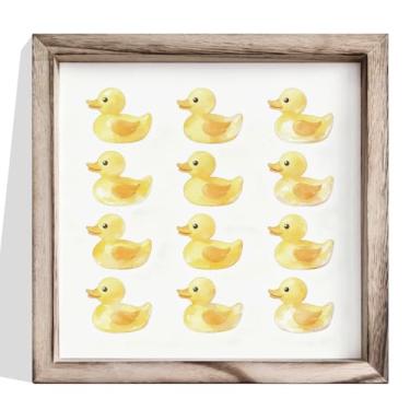Imagem de Decoração de parede de banheiro, impressão em aquarela com padrão de pato de borracha amarela, arte repetida de fileira de pato, quadro de madeira emoldurada para pendurar na área da banheira ou
