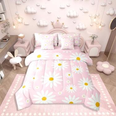 Imagem de Erosebridal Conjunto de cama solteiro com estampa de flor de desenho animado, margarida rosa e branca em uma bolsa para crianças, meninas e adolescentes, conjunto de edredom floral descolado, com