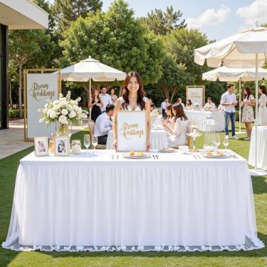 Imagem de familus Toalhas de mesa brancas de 2,4 m para mesas retangulares, saia de mesa de tule elástica, toalha de mesa tutu retangular com babados para feiras de artesanato, banquetes e exibição de feiras