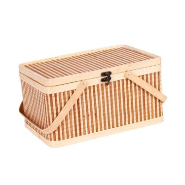 Imagem de Ｂｅｓｇａ Cesta de bambu trançado, organizador multiuso com tampa e alça, ideal para piqueniques com frutas, e lanches, Marrom Claro