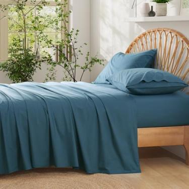 Imagem de Entisn Jogo de cama casal de algodão puro, 4 peças, bolso profundo de 40,6 cm com elástico em toda a volta para um ajuste confortável, roupa de cama de solteiro respirável e macia para todas as