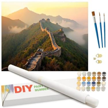 Imagem de Kit de pintura por números para adultos – DIY Great Wall of China Pintura de paisagem enrolada em tela 40 x 50 cm, conjunto de tinta acrílica, adequado para iniciantes, arte para decoração de casa ou