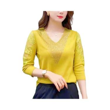 Imagem de Blusa Feminina 4XL Com Decote Em V, Manga Curta, Lantejoulas, Renda E 