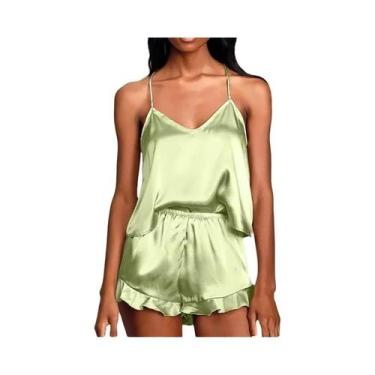 Imagem de Conjunto De Pijama Sexy De Seda Satin Para Mulheres, Top Cami Com Deco