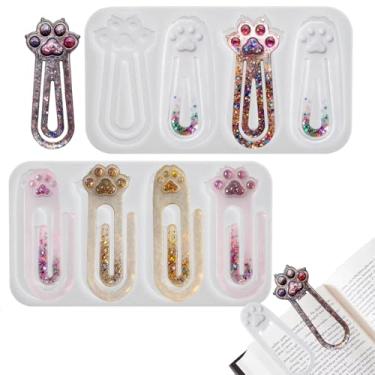 Imagem de 2 moldes de marcador de página de resina, moldes de silicone em forma de clipe de papel de 8 cavidades para fundição de resina epóxi, molde de marcador de página de pata de gato para artesanato em