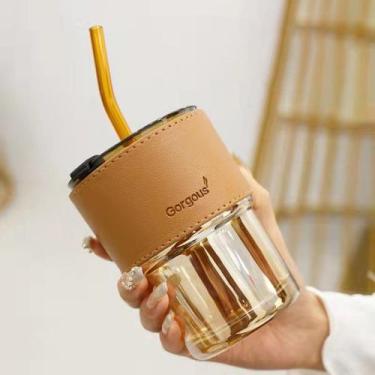 Imagem de Copo de Vidro 400ml com Tampa e Canudo Ideal para Café, Água e Bebidas
