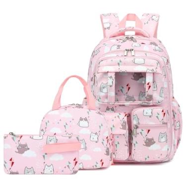 Imagem de Kouxunt Mochila escolar para adolescentes, 3 peças, mochilas para porta de geladeira com lancheira isolada, bolsa lápis para crianças e estudantes, Gato rosa, Large
