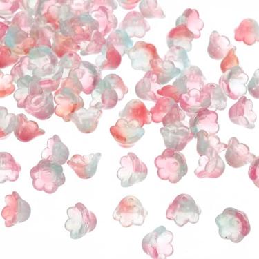Imagem de Generic Contas de flor de trombeta de vidro, 100 peças, pingente de contas de flor gradiente para fazer joias, artesanato, pulseiras, brincos, colares decorativos, verde