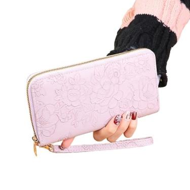 Imagem de Carteira feminina com zíper, estilo longo, estampa de flores, grande capacidade, bolsa de dinheiro, carteiras, bolsas, cartão de crédito, carteira, presente, Roxo claro, Estilo retrô