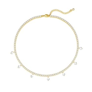 Imagem de LULII Colares de tênis para mulheres, gargantilha de strass de ouro, colar com pingente de pérola, corrente de diamante de zircônia cúbica delicada para mulheres, presente de joias de ouro