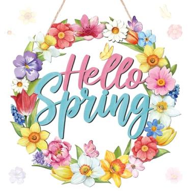 Imagem de Yalikop Placa de porta Hello Spring, guirlanda de madeira, decoração de primavera, placa de parede rústica para casa de fazenda, decoração interna e externa