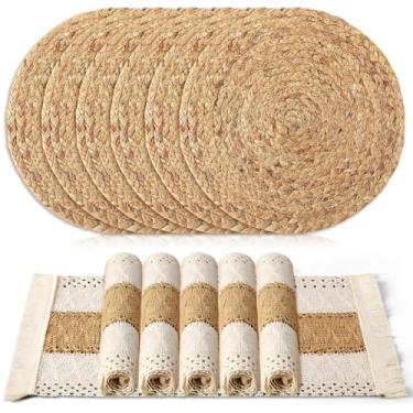 Imagem de Gandeer Jogo americano Boho Conjunto de 6 - Tapetes de mesa combinados de serapilheira de algodão natural e casca de milho, ornamentos de macramê e jogo americano estilo fazenda, tapetes de vime de