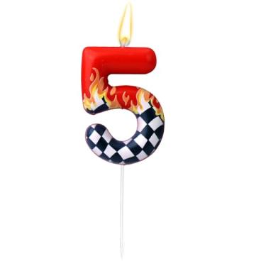 Imagem de Vela Aniversário Tema Carros Corrida, Preta e Branca Vela Número Aniversário Xadrez Decoração Festa Carro Corrida Vermelho para Meninos e Meninas Artigos Festas Infantis (Número 5)