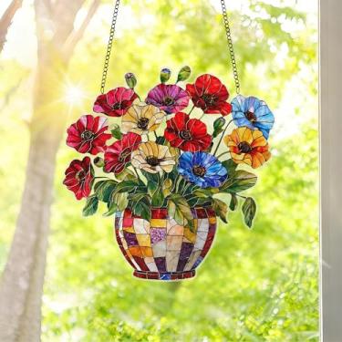 Imagem de 1 peça de decoração suspensa de acrílico colorido, buquê de vaso de 18 cm, decoração de janela com design de vitral impresso, ideia de presente e ornamento de jardim para uso interno e externo/YXZSW