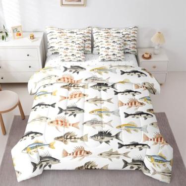 Imagem de Erosebridal Conjunto de cama solteiro de 7 peças, peixe-lúcio amarelo e branco, rústico, com lençol de cama para meninos e crianças, para pesca e caça, vintage, para adultos