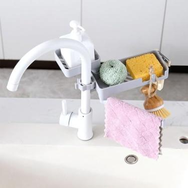 Imagem de Suporte Ajustável para Torneira com Porta Esponja e Sabão – Organizador Prático para Pias de Cozinha e Banheiro (Cinza)