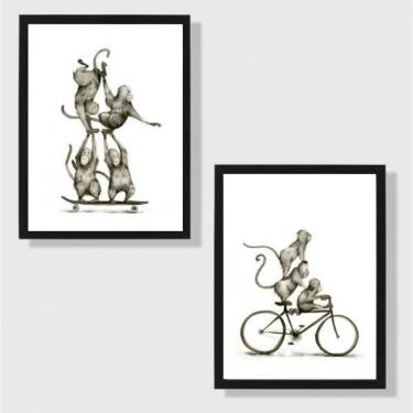 Imagem de Kit 2 Quadros Macaquinhos Esportistas 33X24Cm - Com Vidro