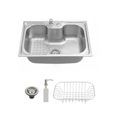 Imagem de Kit Cuba Gourmet Cozinha Aço Inox Com conjunto de dreno E Sabonete Dispenser e Cesto para escorrer água 50/60x40x21cm(CUBA 60 * 40 * 21CM)