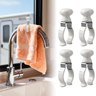 Imagem de FLstudio Suporte de clipe de toalha de metal, pacote com 4 com cabo de madeira, resistente ao calor, design à prova de arranhões para guardar toalhas em trailers, cozinha, banheiro, chuveiro, quarto e