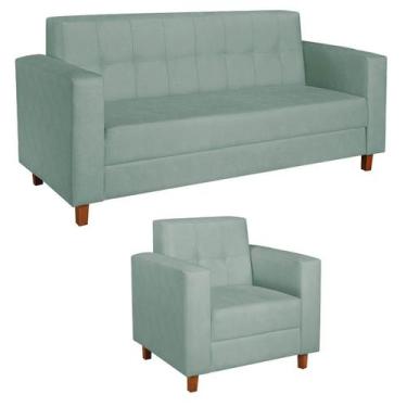 Imagem de Kit Sofá 2 Lugares e Poltrona Denver Suede - Amarena Móveis, Azul Tiff