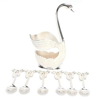 Imagem de Conjunto de utensílios de mesa de café, elegante, base de cisne, mini talheres para sobremesa, chá, bebida, presente, liga de zinco, branco prateado, 8 x 4,5 x 15 cm, 7 peças (prata + colher)