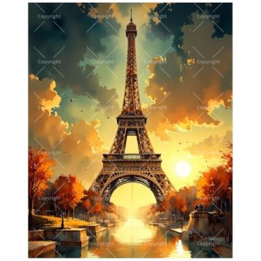 Imagem de Kit de pintura por números Golden Hour Paris para adultos - Torre Eiffel DIY com pintura de árvores de outono em tela 40,6 x 50 cm, conjunto de tinta acrílica emoldurada, adequado para iniciantes