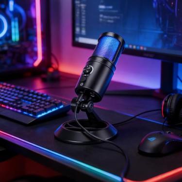 Imagem de Microfone de jogos para PC, microfone condensador USB RGB, transmissão, microfone condensador com cardioide, omnidirecional, compatível com PS4/5/PC