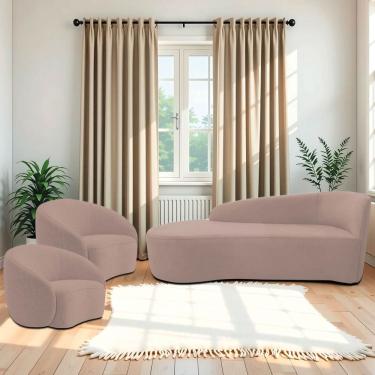 Imagem de Kit Divã Recamier Orgânico França 140cm Lado Esquerdo E 2 Poltronas Amore Linho Rosê