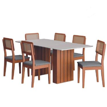 Imagem de Conjunto De Mesa Sala De Jantar Ripada Tampo Com Vidro 1,80m 6 Cadeiras Santiago Dobuê Madeirado / Cinza
