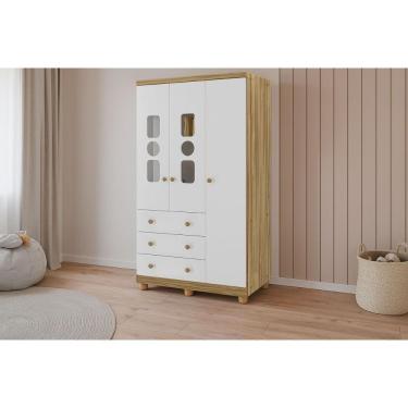 Imagem de Guarda Roupa Infantil C/ 3 Portas (2 Cristal) E 3 Gavetas Tedy Branco/amendoa - Peroba