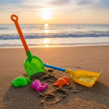 Imagem de Kit 5 Peça Praia Infantil Pá Rastelo Molde Brincar Areia - New Goods