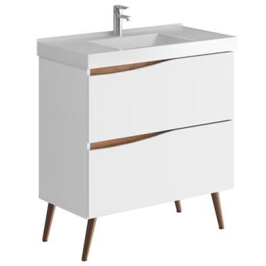 Imagem de Balcão Gabinete Para Banheiro Com Pés e Lavatório 80cm Evie B06 Branco
