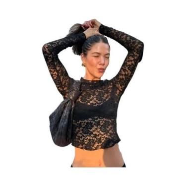 Imagem de Camisetas Femininas Sexy Com Decote Em V, Renda Transparente, Manga Lo