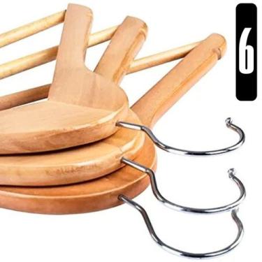 Imagem de Kit 6 Cabides Madeira Marfim Adulto Guarda Roupa Closet Calça Vestido 