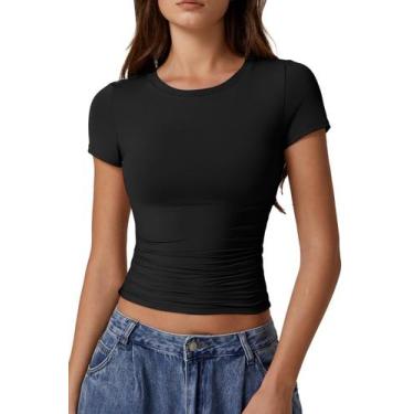 Imagem de Crop Top QINSEN com gola redonda e manga curta para mulheres preta S