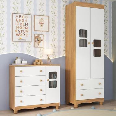 Imagem de Quarto De Bebê Completo Com Guarda-roupas 2 Portas E Cômoda Luna Multimóveis Mp4796 Madeirado/branco