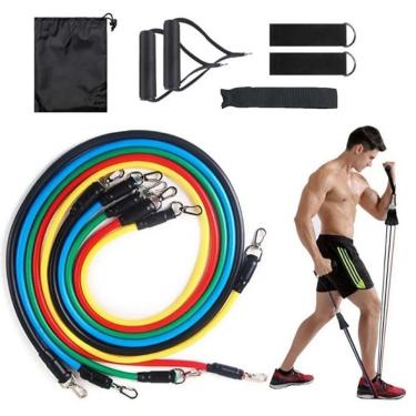 Imagem de Kit Extensor Elástico 11 Peças – Exercício Fitness, Pilates, Yoga, Academia, Musculação
