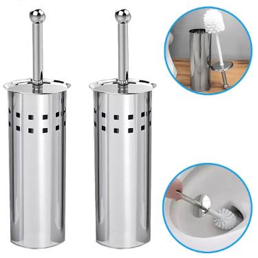 Imagem de Kit 2 Vassourinhas Limpa Privada Escova Sanitária Aço Inox Com Suporte Não Enferruja La...