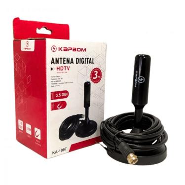 Imagem de Antena Digital Interna Kapbom KA-1097A HDTV UHF VHF FM Cabo 3 Metros Base Magnética Plug Conector F