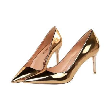 Imagem de Sapatos De Salto Alto Metálicos Em Couro Bronze Para Mulheres, 75cm 10