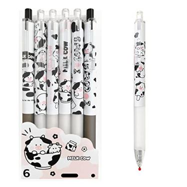 Imagem de Canetas fofas Kawaii 0,5 mm tinta preta caneta caneta esferográfica escrita suave para materiais escolares de escritório presentes divertidos para crianças, meninas, mulheres, canetas para diário, pacote com 6 peças (vaca leitosa)