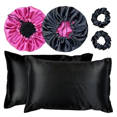 Imagem de Kit 2 Fronha De Cetim Seda + 2 Toucas + 2 Xuxinhas (Preto/Pink)