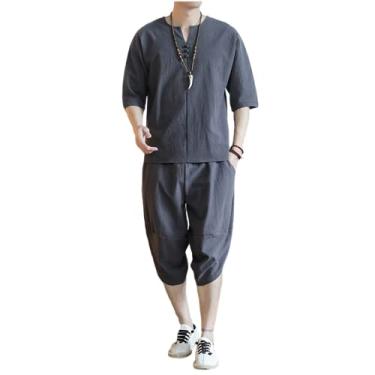 Imagem de Tampos de roupas em estilo chinês masculino, camisetas de mangas curtas, fundo, calças cortadas, algodão solto e respirável e roupas de linho,Dark gray,XXL