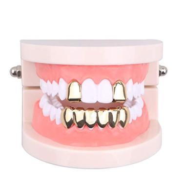 Imagem de TSANLY Conjunto de tampas Grillz Gold Grillz com dentes de boca banhados a ouro 24K com ajuste personalizado superior e inferior Grillz para presente feminino + barras de moldagem extra + pano de microfibra