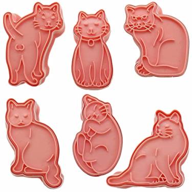 Imagem de 3D Cat Shaped Cookie Stamps Set, 6 pcs of Food Grade Plastic Cat Stamping Cookie Cutters Fondant Stamper Set for Baking (Pink)